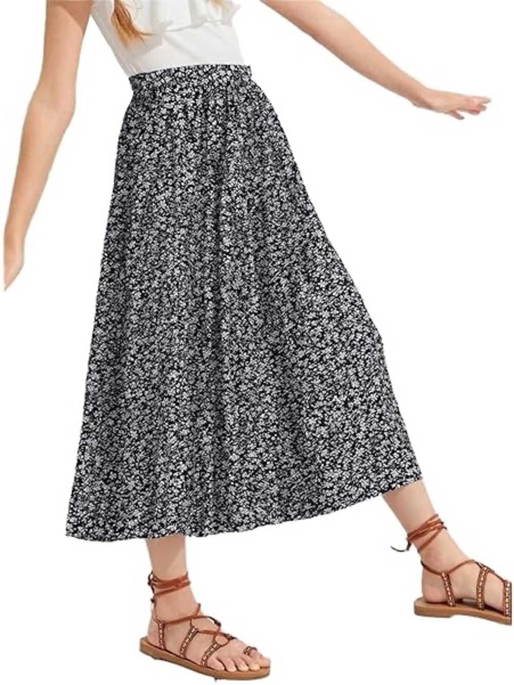 Talbots Navy White Floral Maxi Skirt - Elastic Waist, Flowing Silhouette